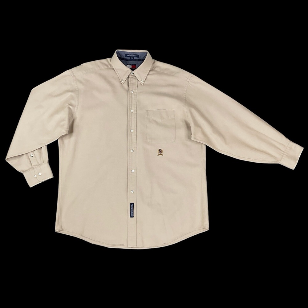 Tommy Hilfiger Shirt Men 16 32-33 Beige Long Sleeve Oxford Button Logo Vintage